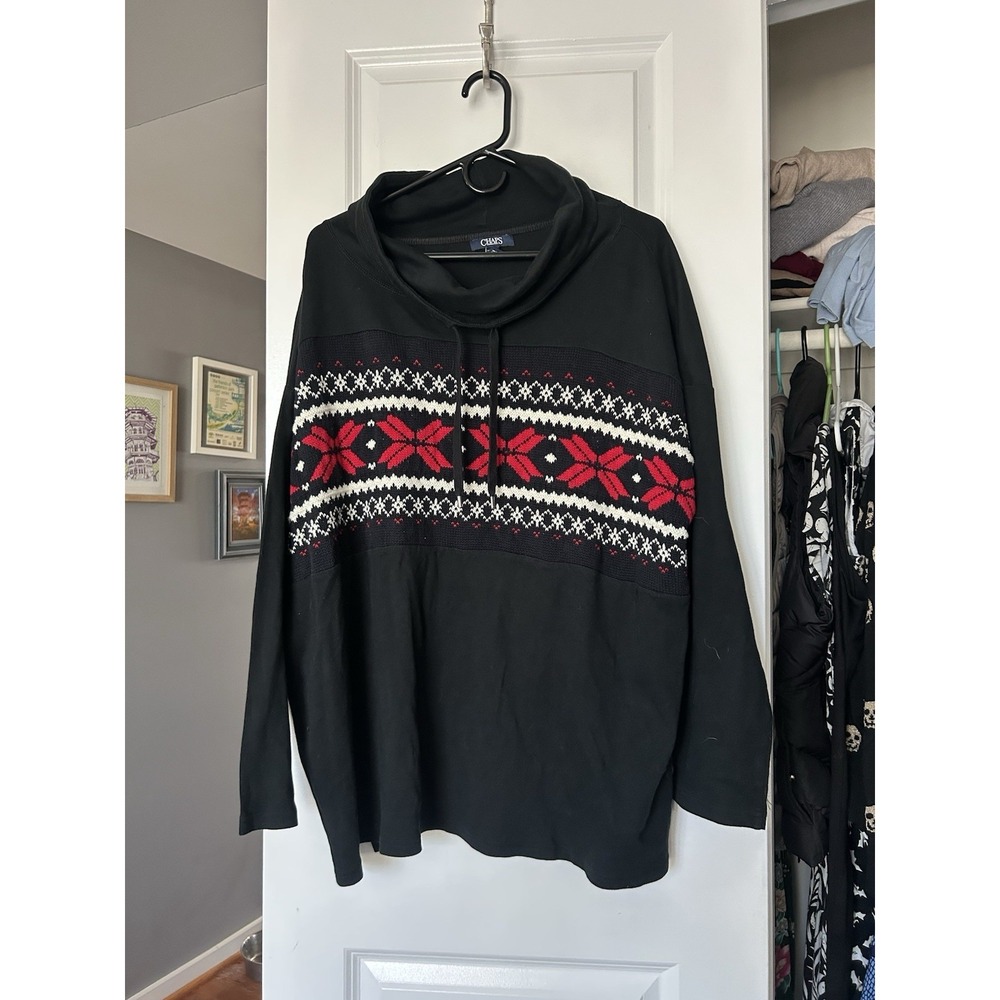 Chaps Women's Sweatshirt Black Fair Isle Knit Cowl Neck Pullover Cotton Size 3X